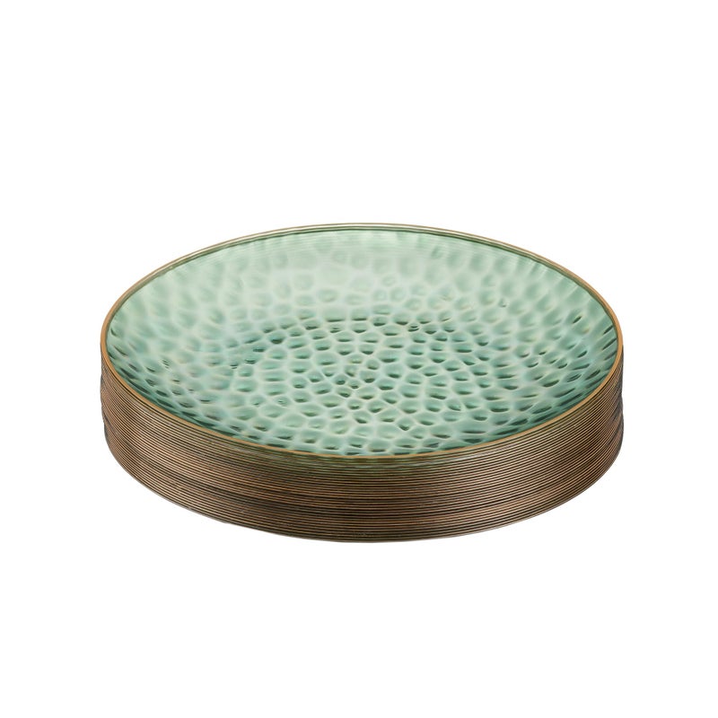 PLASTICPRO 30 Pack Hammered Plastic Plates Heavyweight Disposable Plastic Plates Elegant Clear Hammered Rim Platsic Party Dishes Hamered Green With Gold Rim 7 INCH PLATES - Image 2