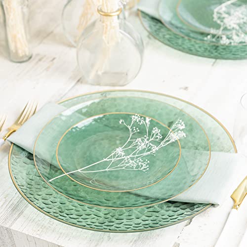 PLASTICPRO 30 Pack Hammered Plastic Plates Heavyweight Disposable Plastic Plates Elegant Clear Hammered Rim Platsic Party Dishes Hamered Green With Gold Rim 7 INCH PLATES - Image 3