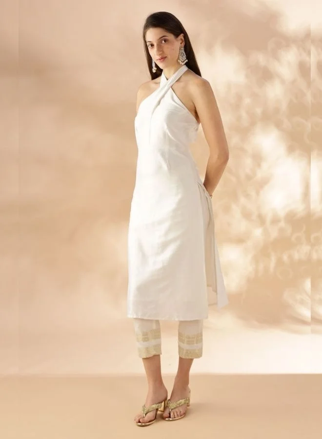 Abhishti  Halter Neck Straight Kurta - White for Women | Best Price UAE