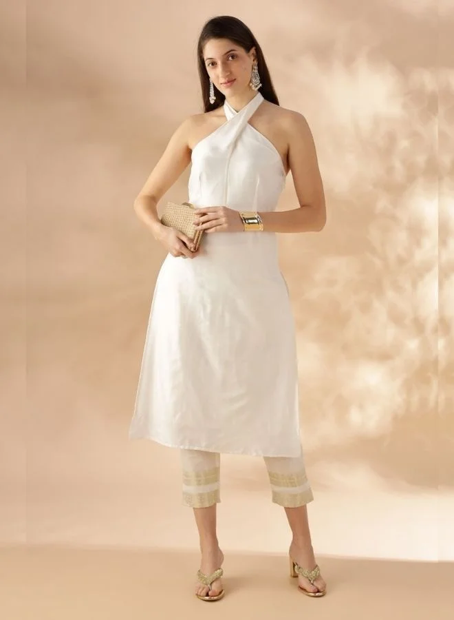 Abhishti  Halter Neck Straight Kurta - White for Women | Best Price UAE