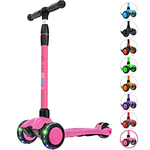 Allek Kick Scooter B03 Lean N Glide 3Wheeled Push Scooter with Extra Wide PU LightUp Wheels Any Height Adjustable Handlebar and Strong Thick Deck for Children from 312yrs Rose Pink - Image 1