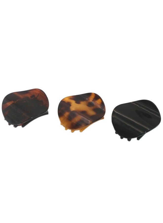 Parcelona French Onde Tortoise Shell Black And Savana Small 2” Celluloid Set Of 3 Round Side Slide In Secure Grip Hair Claw For Women And Girls - Image 1
