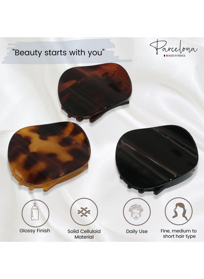 Parcelona French Onde Tortoise Shell Black And Savana Small 2” Celluloid Set Of 3 Round Side Slide In Secure Grip Hair Claw For Women And Girls - Image 3