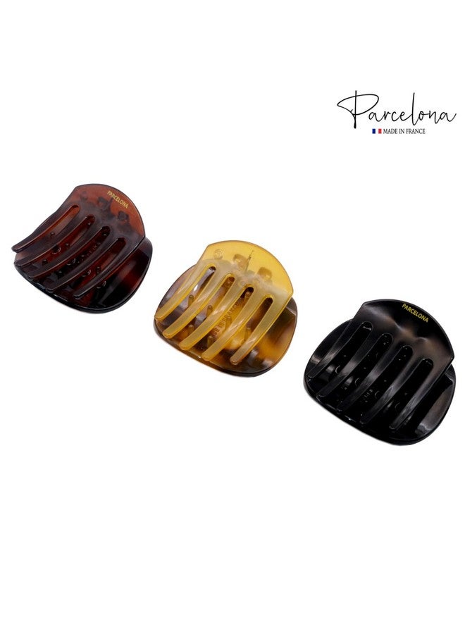 Parcelona French Onde Tortoise Shell Black And Savana Small 2” Celluloid Set Of 3 Round Side Slide In Secure Grip Hair Claw For Women And Girls - Image 5