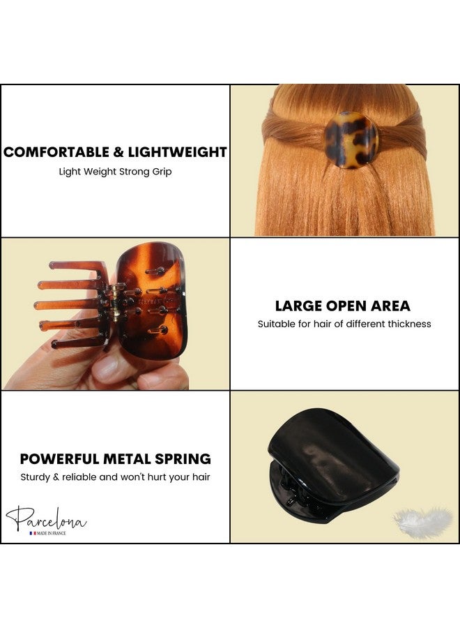 Parcelona French Onde Tortoise Shell Black And Savana Small 2” Celluloid Set Of 3 Round Side Slide In Secure Grip Hair Claw For Women And Girls - Image 4