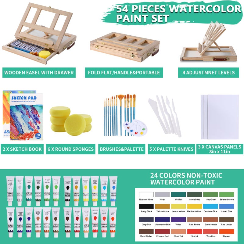 AOTEMOON 54 Pieces Watercolor Paint Set with Tabletop Easel, Complete Starter Painting Art Supplies with Watercolor Paints, Canvases, Sketch Pads, Brushes and Palette for Beginners Young Artists and Adults - Image 2
