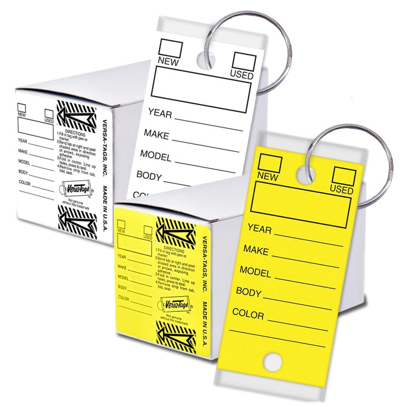 Versa-Tags Yellow and White Bundle - Genuine Versa-Tag Key Tags, Self-Protecting (2 Boxes) (250 Tags per Box with Metal Rings) - Image 1