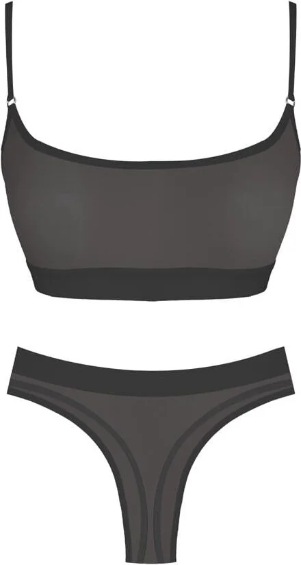 كوتن هيل Black Rubber Detailed Transparent Tulle Adjustable Strap Women's Bra Set