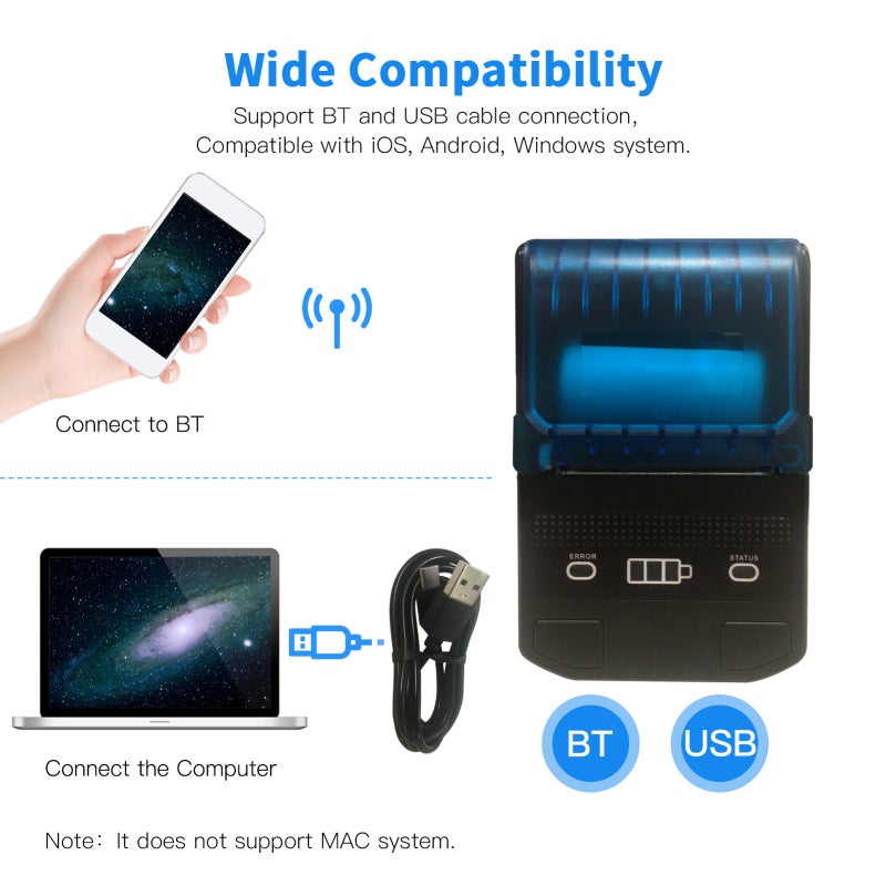 Portable Thermal Receipt Printer 58mm BT USB Connection - 1500mAh Rechargeable Battery Type-C for iOS Android Windows Restaurant Taxi Bill Printing - Image 3