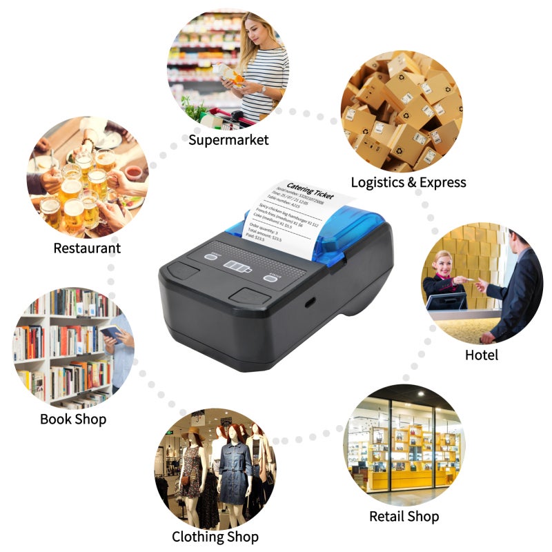 Portable Thermal Receipt Printer 58mm BT USB Connection - 1500mAh Rechargeable Battery Type-C for iOS Android Windows Restaurant Taxi Bill Printing - Image 2