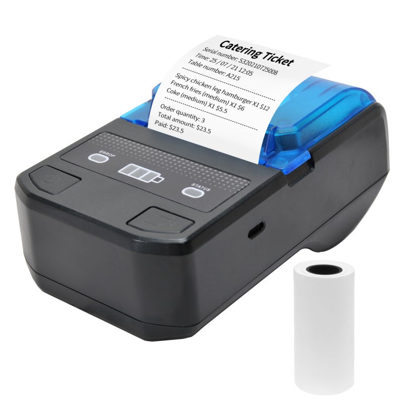Portable Thermal Receipt Printer 58mm BT USB Connection - 1500mAh Rechargeable Battery Type-C for iOS Android Windows Restaurant Taxi Bill Printing - Image 1