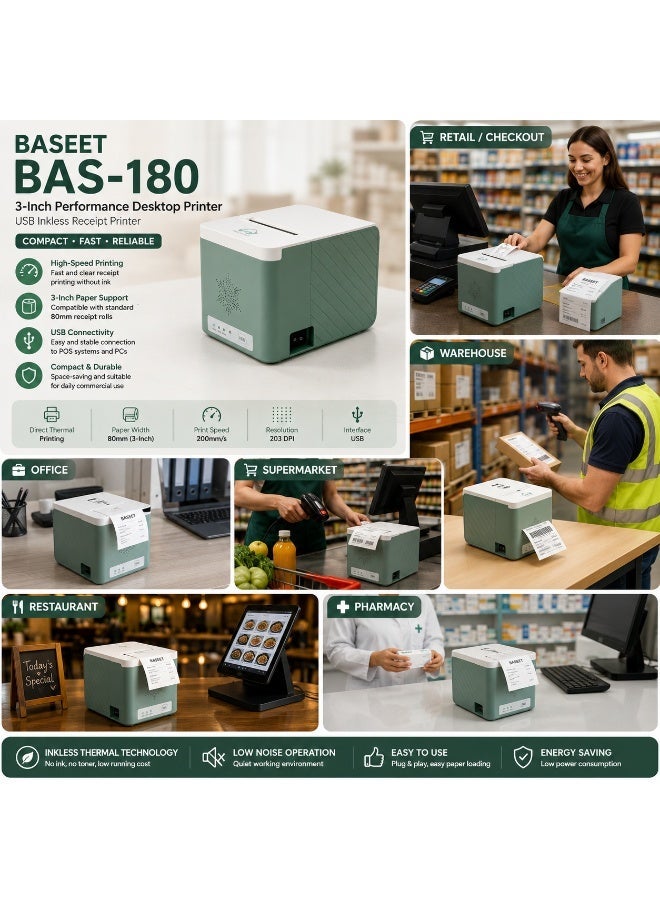 BASEET BAS-180 Compact USB Thermal Receipt Printer for Restaurants Cafes Supermarkets & POS Systems - Image 5