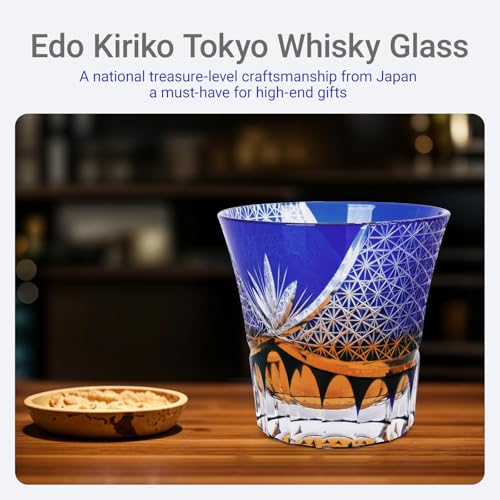 SANMENMO Edo Tokyo Kiriko Whiskey Glasses- Japanese Style Luxury Handcrafted High Transparency Crystal Royal Lucky Blue Pattern Crystal Cocktail Tumbler- Gift for Men, Scotch,Wine and Rum Lovers-1 Cup - Image 2