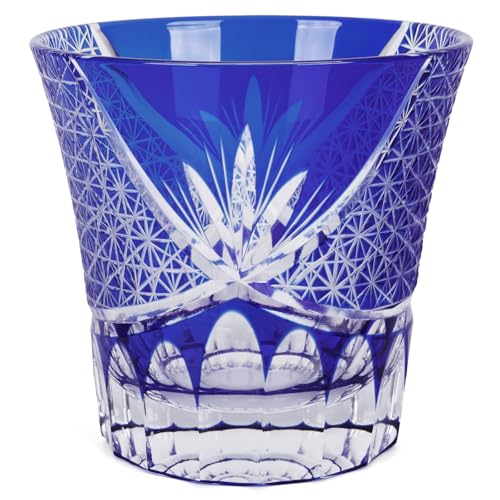 SANMENMO Edo Tokyo Kiriko Whiskey Glasses- Japanese Style Luxury Handcrafted High Transparency Crystal Royal Lucky Blue Pattern Crystal Cocktail Tumbler- Gift for Men, Scotch,Wine and Rum Lovers-1 Cup - Image 1