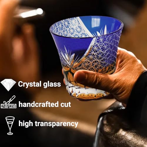 SANMENMO Edo Tokyo Kiriko Whiskey Glasses- Japanese Style Luxury Handcrafted High Transparency Crystal Royal Lucky Blue Pattern Crystal Cocktail Tumbler- Gift for Men, Scotch,Wine and Rum Lovers-1 Cup - Image 3