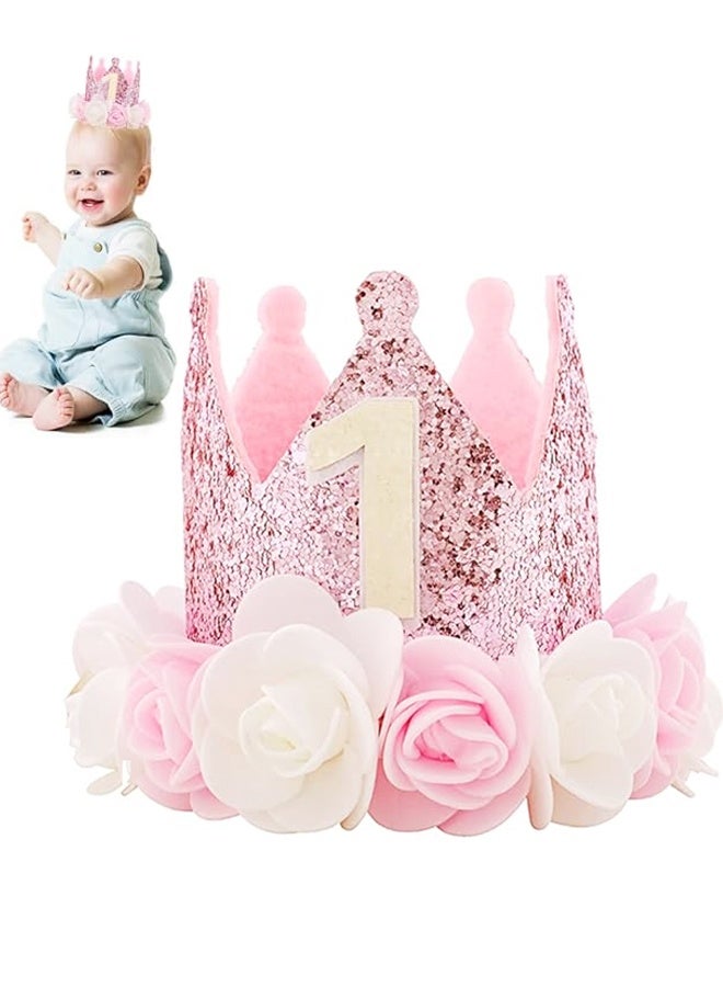 1st Birthday Crown Hat for Baby Girl - First Birthday Decorations Party With Rose Flower - Image 1