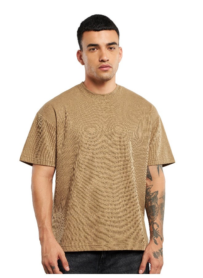 Sand Brown Ribbed Texture Oversized T-Shirt