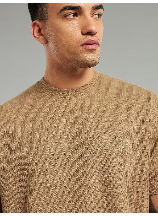 Sand Brown Ribbed Texture Oversized T-Shirt
