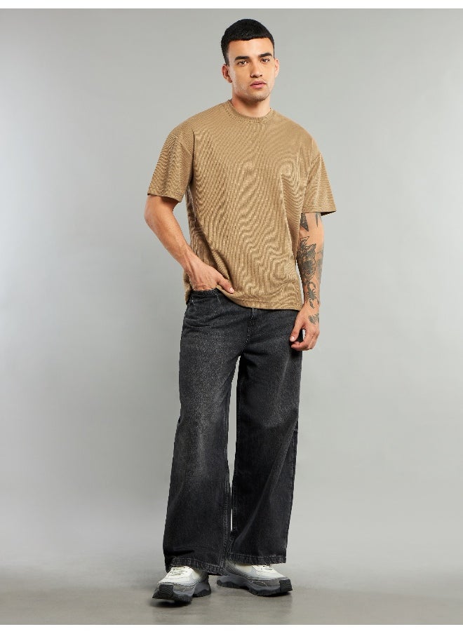 Sand Brown Ribbed Texture Oversized T-Shirt