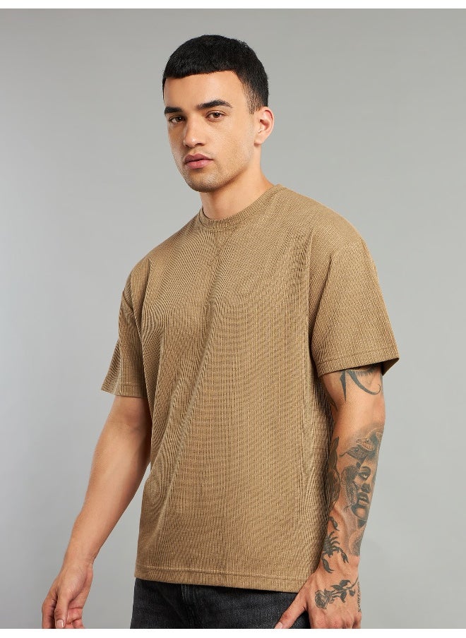 Sand Brown Ribbed Texture Oversized T-Shirt