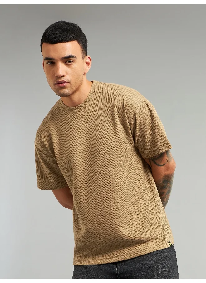 Beyoung Sand Brown Ribbed Texture Oversized T-Shirt