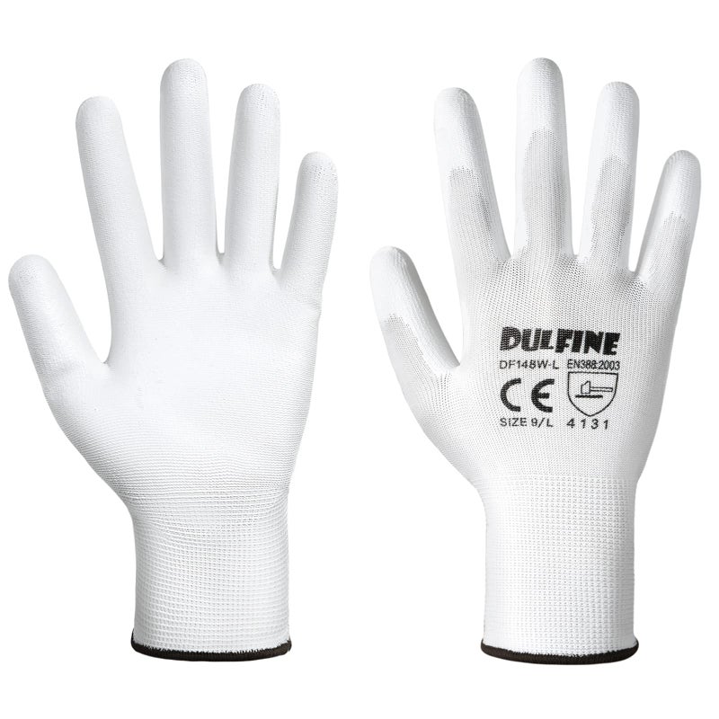 DULFINE قفازات عمل Dulfine الآمنة المطلية بالبولي يوريثان - 12 زوجًا من القفازات البيضاء غير الملحومة مع قبضة ناعمة مطلية بالبولي يوريثين على راحة اليد والأصابع للرجال والنساء، مثالية للعمل العام (كبير جدًا) - Image 2