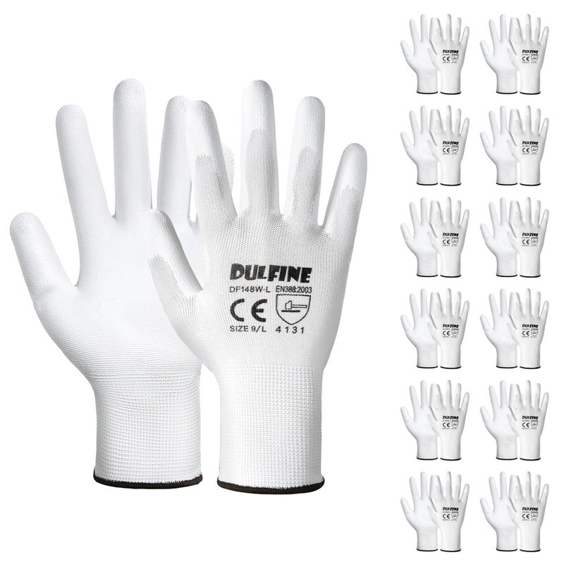 DULFINE قفازات عمل Dulfine الآمنة المطلية بالبولي يوريثان - 12 زوجًا من القفازات البيضاء غير الملحومة مع قبضة ناعمة مطلية بالبولي يوريثين على راحة اليد والأصابع للرجال والنساء، مثالية للعمل العام (كبير جدًا) - Image 1