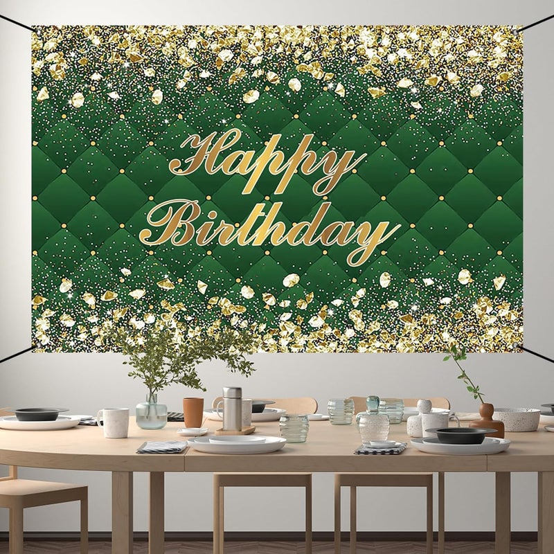 Renaiss 6x36ft Happy Birthday Banner Gold Diamonds Green Party Decoration Supplies Royal Green Happy Birthday Wallpaper Background For Men Women 30th 40th 50th 60th 70th 80th Bday Yard Sign - Image 3