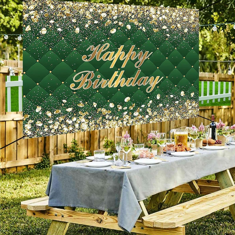 Renaiss 6x36ft Happy Birthday Banner Gold Diamonds Green Party Decoration Supplies Royal Green Happy Birthday Wallpaper Background For Men Women 30th 40th 50th 60th 70th 80th Bday Yard Sign - Image 2