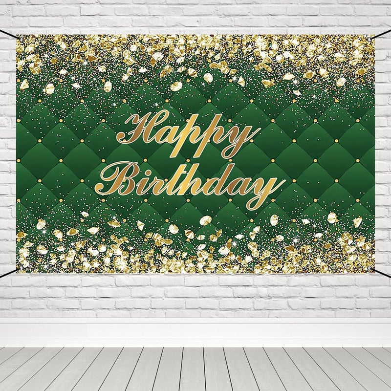 Renaiss 6x36ft Happy Birthday Banner Gold Diamonds Green Party Decoration Supplies Royal Green Happy Birthday Wallpaper Background For Men Women 30th 40th 50th 60th 70th 80th Bday Yard Sign - Image 1