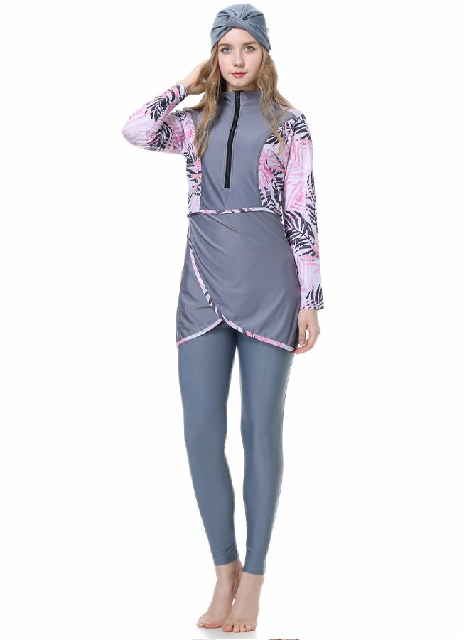 MARGOUN Women XL Size Muslim Women Modest Swimsuit Full Coverage Floral Print Three Piece Islamic Hijab Ladies Beachwear Swimming Swimwear Grey
