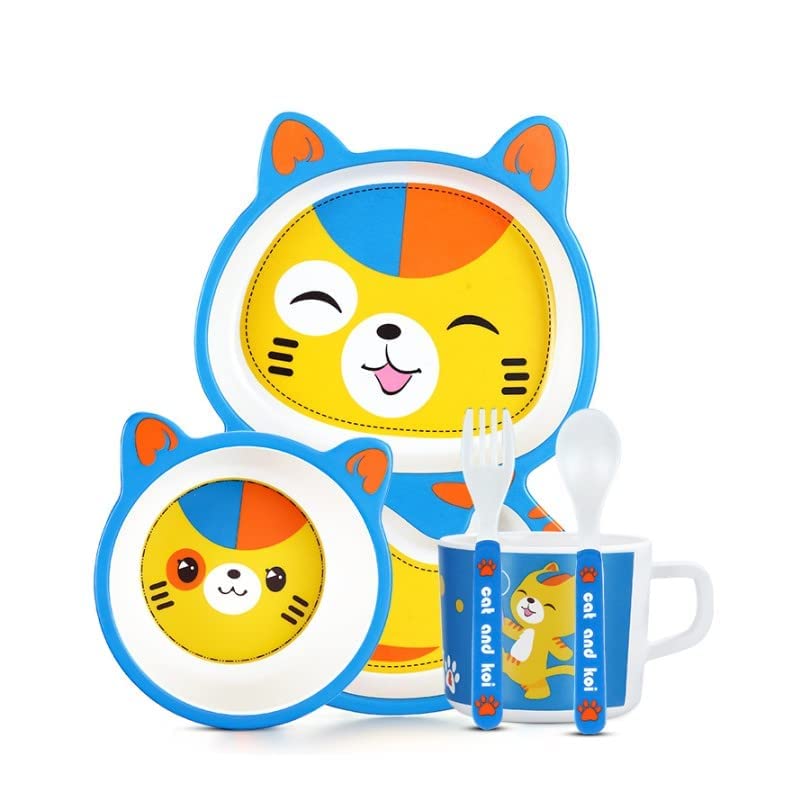 Massive Reckon® Mulitcolor Printed Bamboo Fibre Mix Cat and Koi Design 5 Piece Dinner Wear Set Ideal for Food Eating Babies and Kids - Image 2