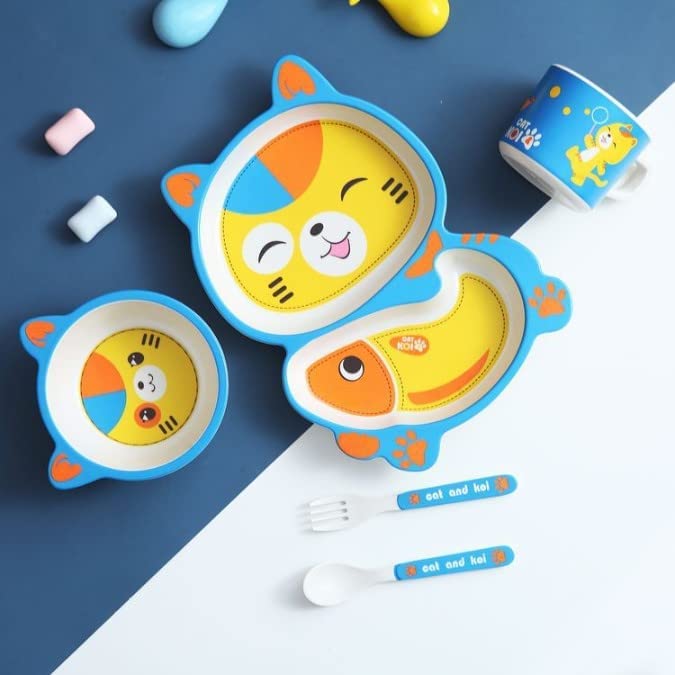 Massive Reckon® Mulitcolor Printed Bamboo Fibre Mix Cat and Koi Design 5 Piece Dinner Wear Set Ideal for Food Eating Babies and Kids - Image 1
