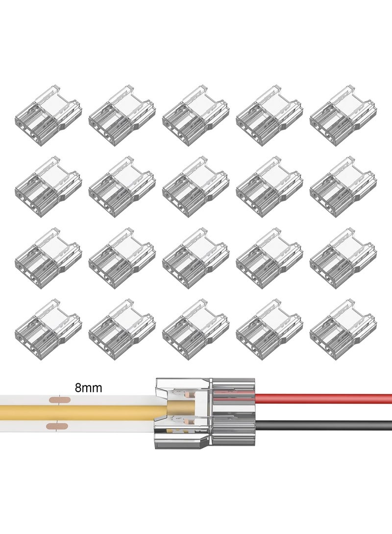 Relex COB LED Light Strip Connectors, 20Pcs 8mm 2Pin Strip to Wires LED Tape Light Connectors,Transparent Solderless No Dark Area for LED Lights Connector DIY COB/SMD Strip Lights - Image 1