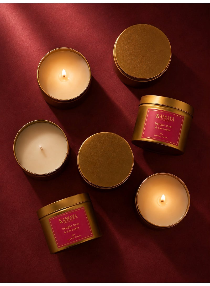 KAMAYA IRIS Collection Delight Rose & Lavender Scented Candle | 8oz (227gm) | Metal Jar With Gold Finish - Image 1