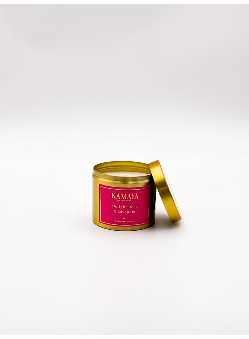 KAMAYA IRIS Collection Delight Rose & Lavender Scented Candle | 8oz (227gm) | Metal Jar With Gold Finish - Image 3