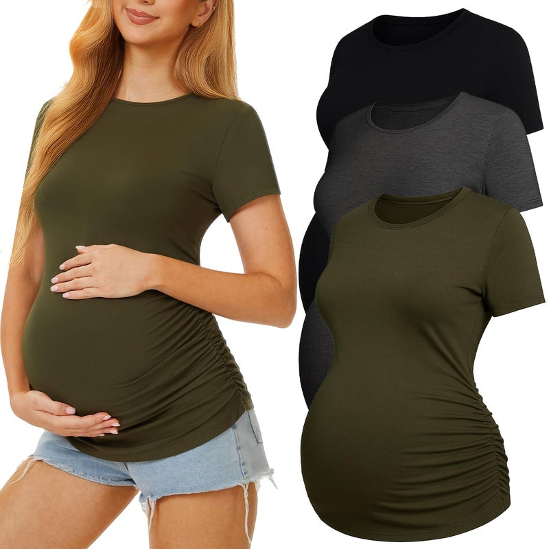 MIRAZEN 3 Pack Womens Maternity Shirts - Crew Neck Maternity Top Short Sleeve Pregnancy Tee Shirts, Black/Army Green/Dark Grey, Medium - Image 1