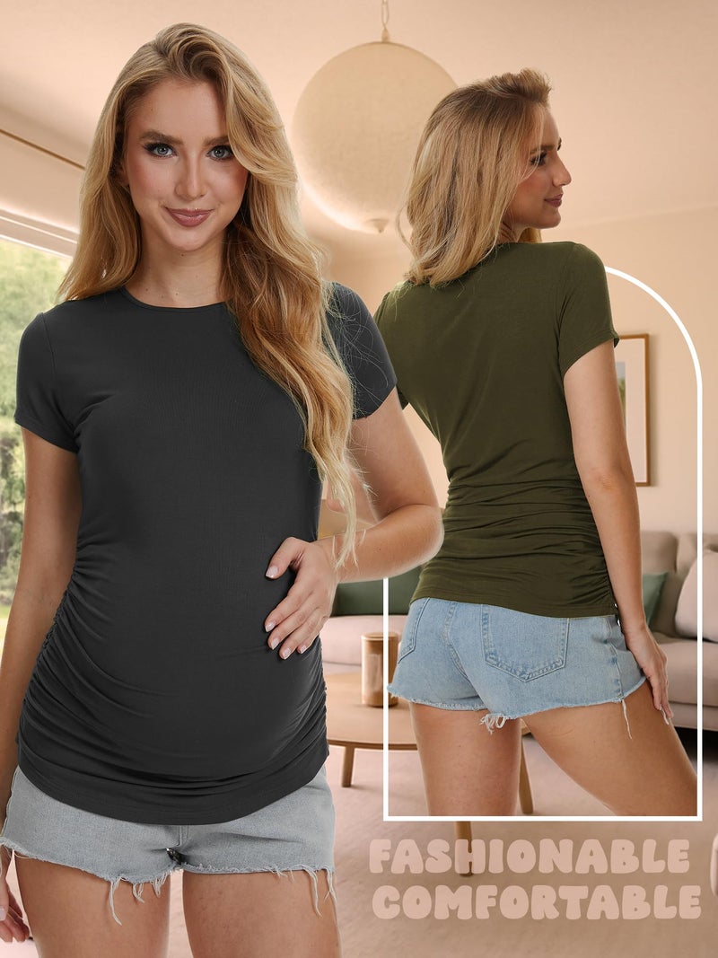 MIRAZEN 3 Pack Womens Maternity Shirts - Crew Neck Maternity Top Short Sleeve Pregnancy Tee Shirts, Black/Army Green/Dark Grey, Medium - Image 2