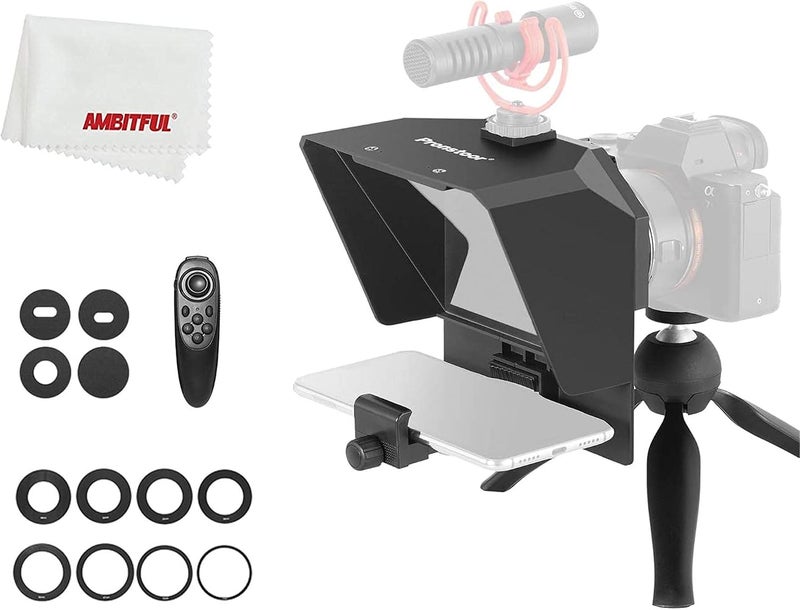 أمبيتيفول 1٫ مجموعة أمبيتفول للتليبرومبتر (Ambitful Teleprompter Kit) – محمولة، مزودة بجهاز كتابة نصوص، ومناسبة للهواتف المحمولة وكاميرات DSLR للتسجيل، مع جهاز تحكم عن بعد؛ تشمل تليبرومبتر صغير وقاعدة دعم صغيرة. - Image 1