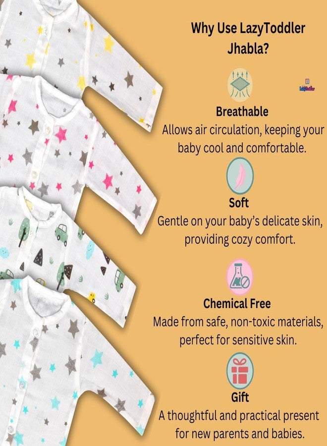 LazyToddler Organic Cotton Muslin Full-Sleeve Jhabla Set for Newborn Boys & Girls Comfortable Baby Clothes Pack of 4 (Combo 2, S) - Image 2