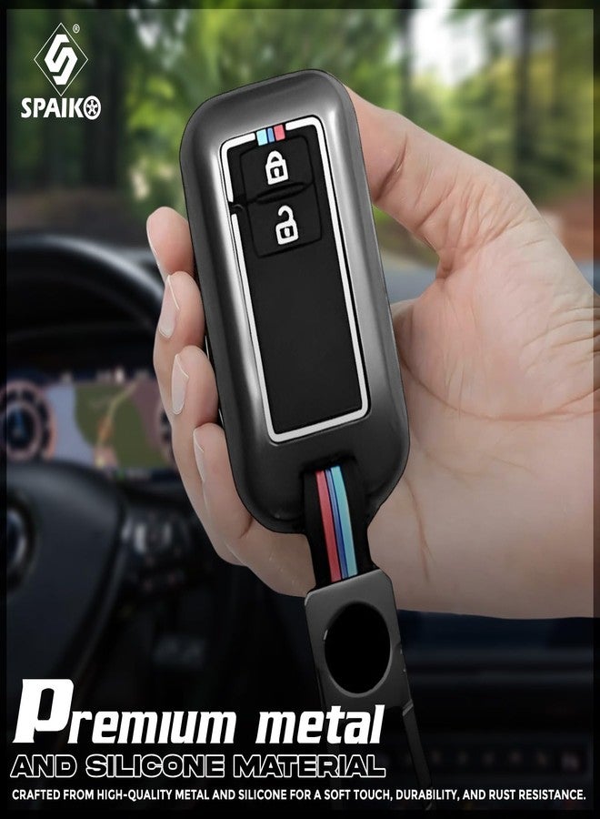 SPAIKO® Metal Silicone TPU Car Key Cover Compatible with Maruti Suzuki Baleno, Grand Vitara, XL6, Fronx, Dzire, Brezza, Jimny, Swift, Ertiga- 2 Smart Button Protective Shell with Keychain (Black) - Image 2