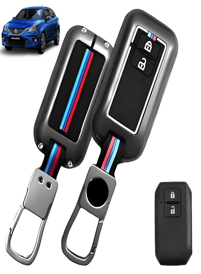 SPAIKO® Metal Silicone TPU Car Key Cover Compatible with Maruti Suzuki Baleno, Grand Vitara, XL6, Fronx, Dzire, Brezza, Jimny, Swift, Ertiga- 2 Smart Button Protective Shell with Keychain (Black) - Image 1