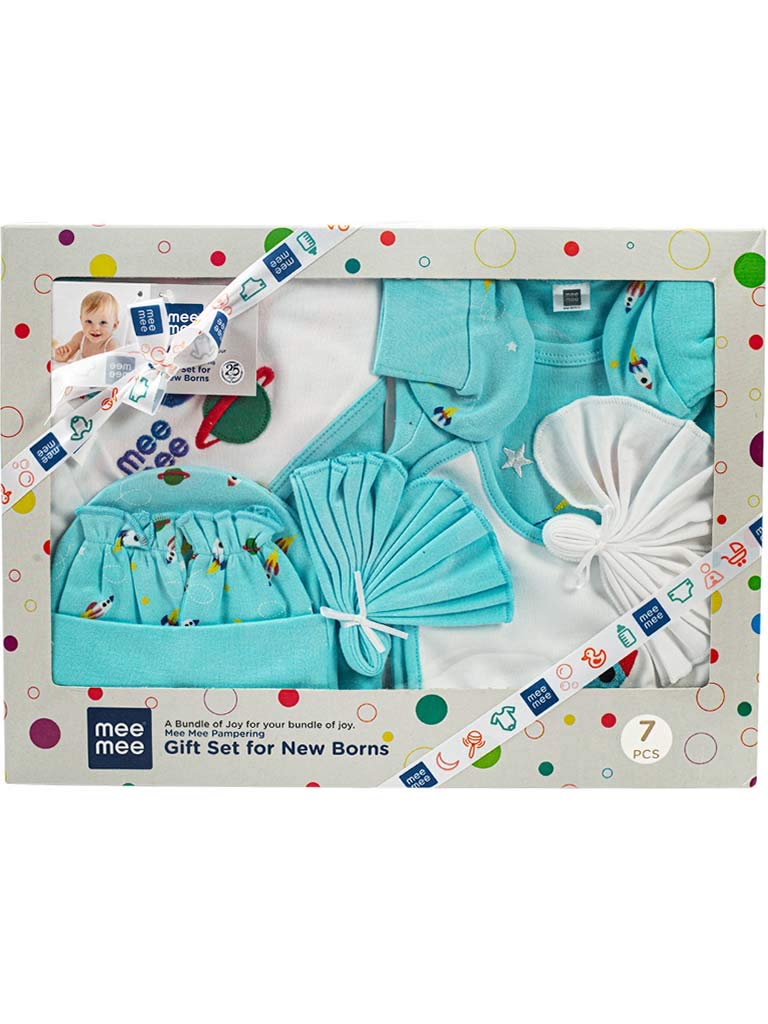 Mee Mee New Born Baby Gift Set | Soft Cotton Clothing Essentials for Infants/Baby Girls, Boys | Baby Shower Clothing Hamper (7 Pieces, Blue)| Ideal Gift for New Born Baby - Image 1