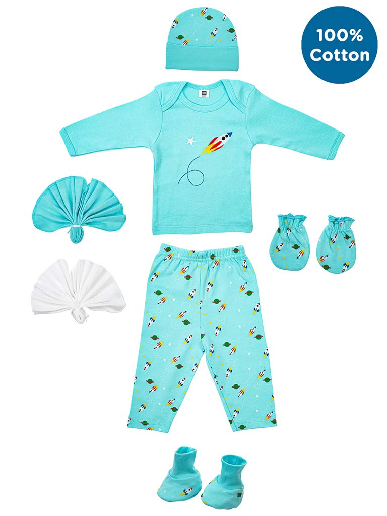 Mee Mee New Born Baby Gift Set | Soft Cotton Clothing Essentials for Infants/Baby Girls, Boys | Baby Shower Clothing Hamper (7 Pieces, Blue)| Ideal Gift for New Born Baby - Image 2