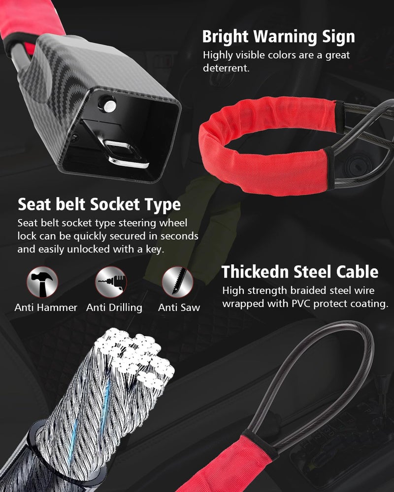 HMYMYHM Upgraded car Steering Wheel Lock, seat Belt Lock and Anti-Theft Device, Water Transfer Printing Process, 3 Keys, Multi-Functional, Suitable for Most Vehicles, SUVs and Golf cart Security (red). - Image 5