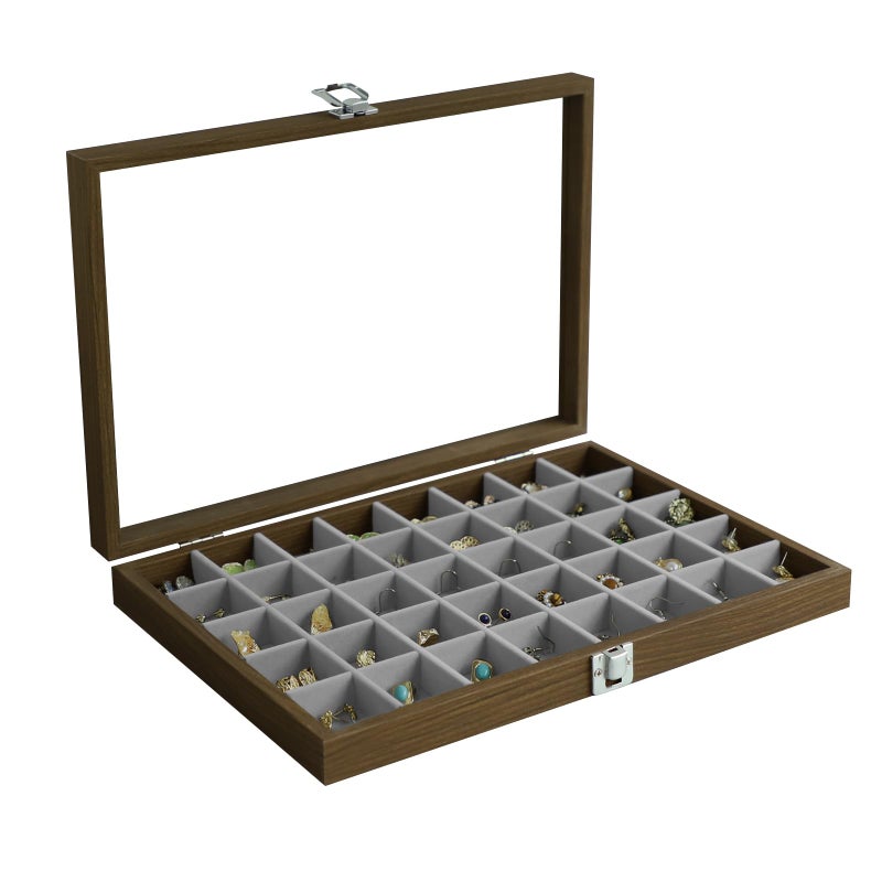 Stratalife 40 Grid Wood Jewelry Organizer with Clear Lid Vintage Jewelry Tray for Earrings Rings Necklaces Bracelets Jewelry Storage with Removable Velvet Dividers for Dresser Vanity Gray - Image 2