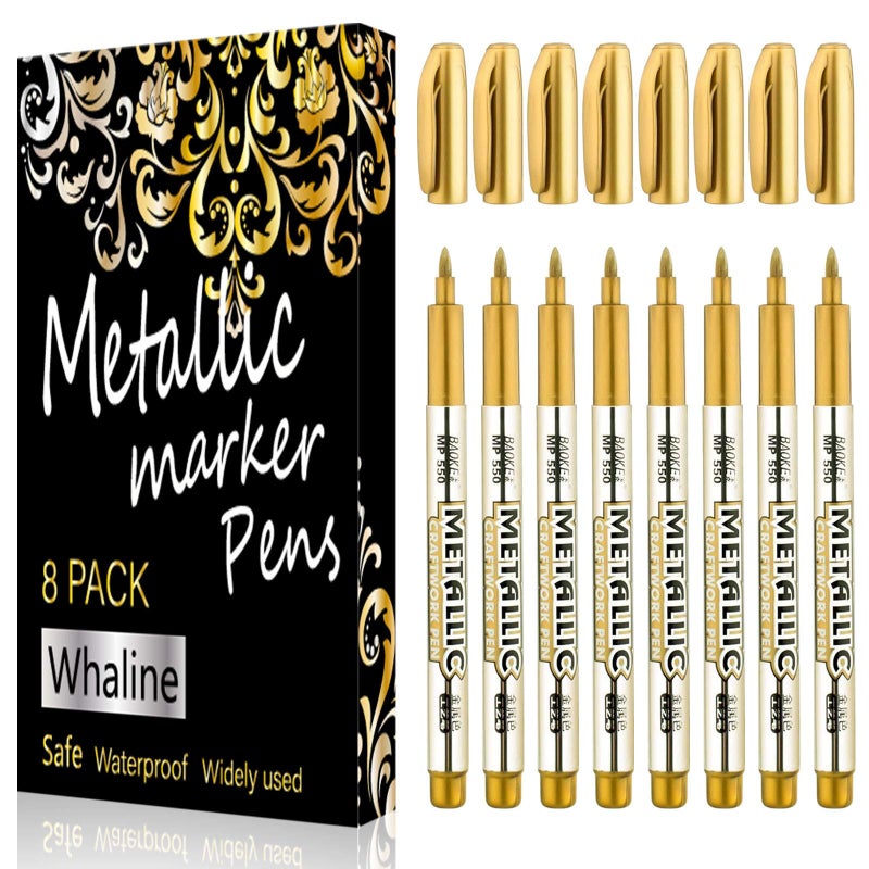 Whaline Metallic Marker Pens 8Pcs Gold Permanent Markers Pen Drawing Pen for Back to School Card Making Scrapbooking Art Crafts Wedding Guest Book