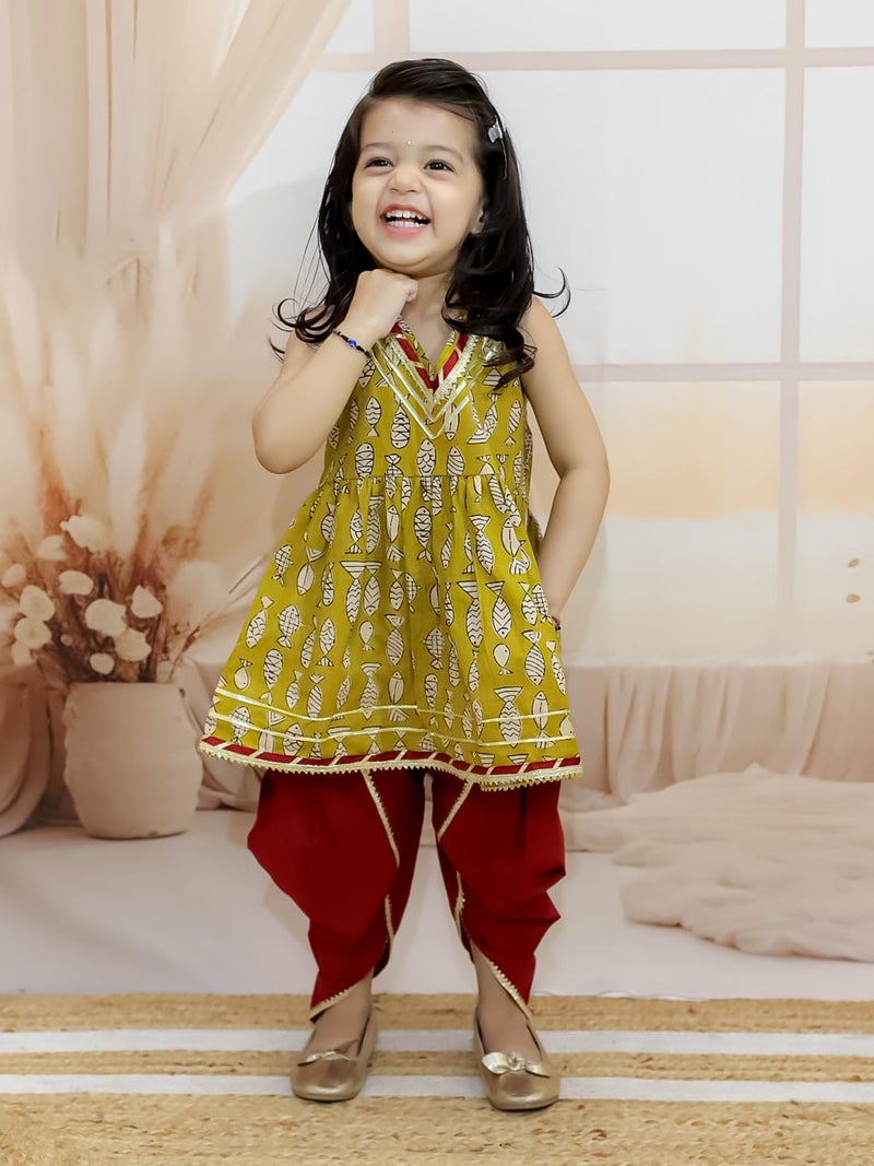 BownBee Halter Neck Pure Cotton Fish Print Kurti with Harem for Girls- Yellow (Set of 1) Solid/Printed colorful full length fully stitched regular fit Ethnic wear dress for Kids-Age_3 to 6 Months - Image 2