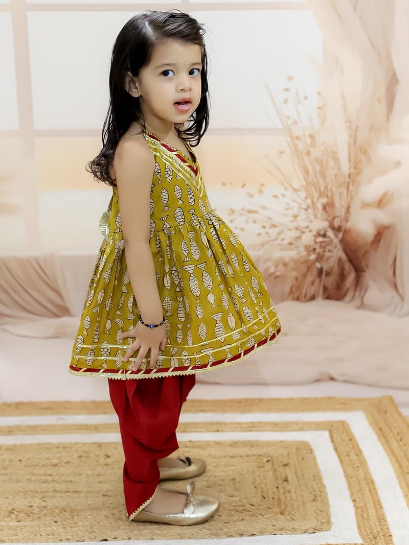 BownBee Halter Neck Pure Cotton Fish Print Kurti with Harem for Girls- Yellow (Set of 1) Solid/Printed colorful full length fully stitched regular fit Ethnic wear dress for Kids-Age_3 to 6 Months - Image 5