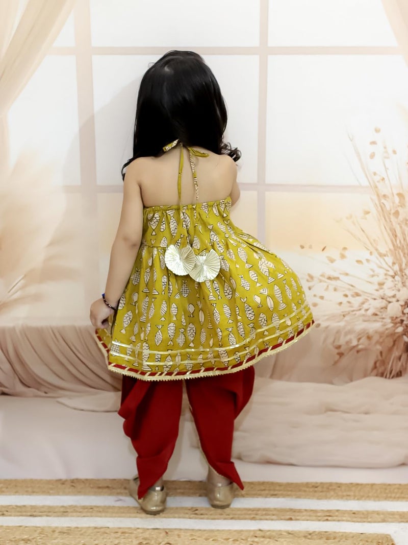 BownBee Halter Neck Pure Cotton Fish Print Kurti with Harem for Girls- Yellow (Set of 1) Solid/Printed colorful full length fully stitched regular fit Ethnic wear dress for Kids-Age_3 to 6 Months - Image 3